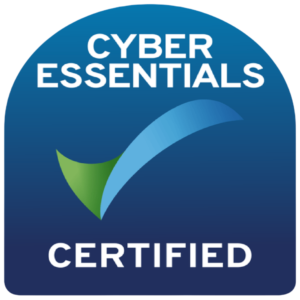 Cyber Essentials Certified badge: blue rounded badge with white 'CYBER ESSENTIALS' text at top, 'CERTIFIED' at bottom, and a green/blue checkmark in the middle.