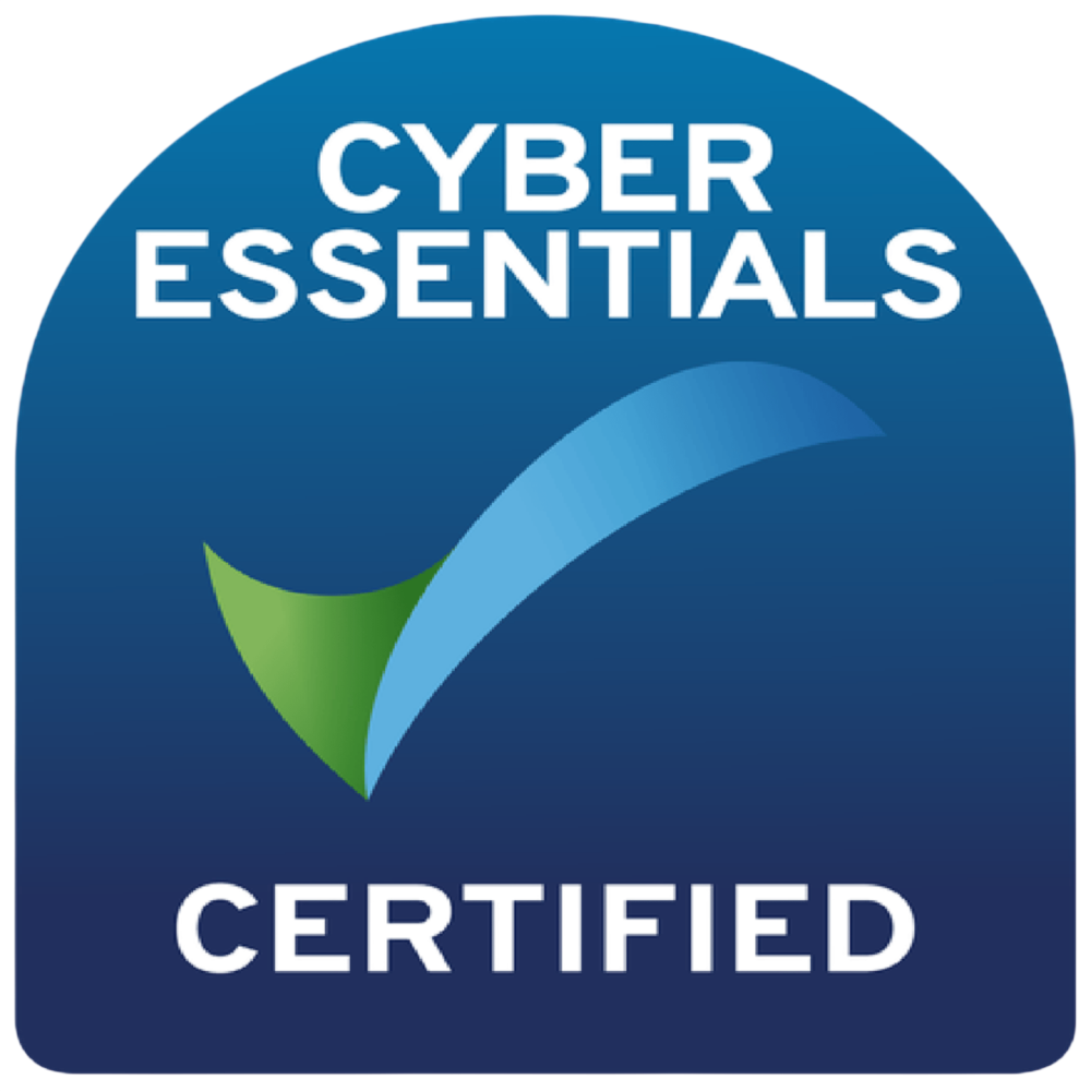 Cyber Essentials Certified badge: blue rounded badge with white 'CYBER ESSENTIALS' text at top, 'CERTIFIED' at bottom, and a green/blue checkmark in the middle.